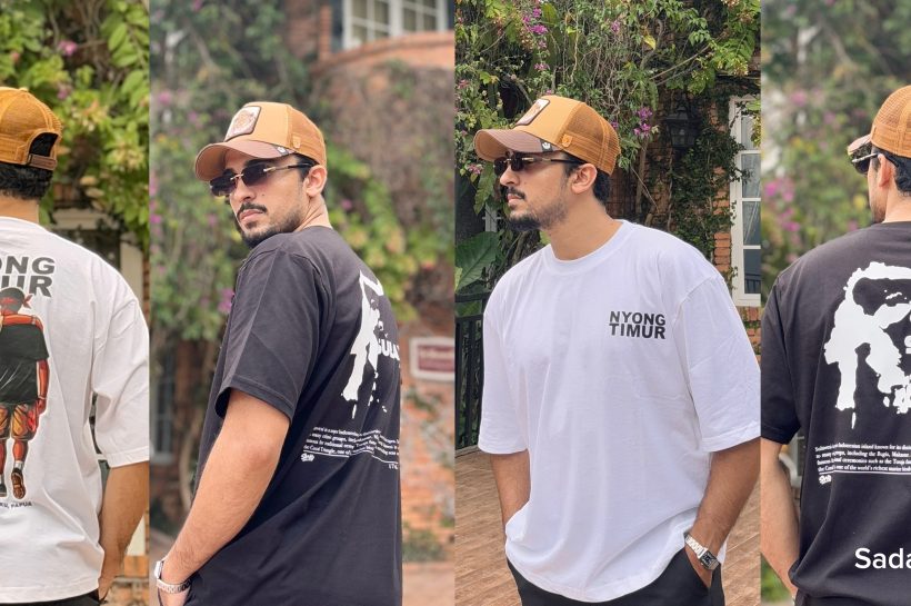 Model mengenakan koleksi kaos streetwear SA&KO seri Nyong Timur dan Sulawesi dengan artwork orisinal bertema Indonesia Timur.