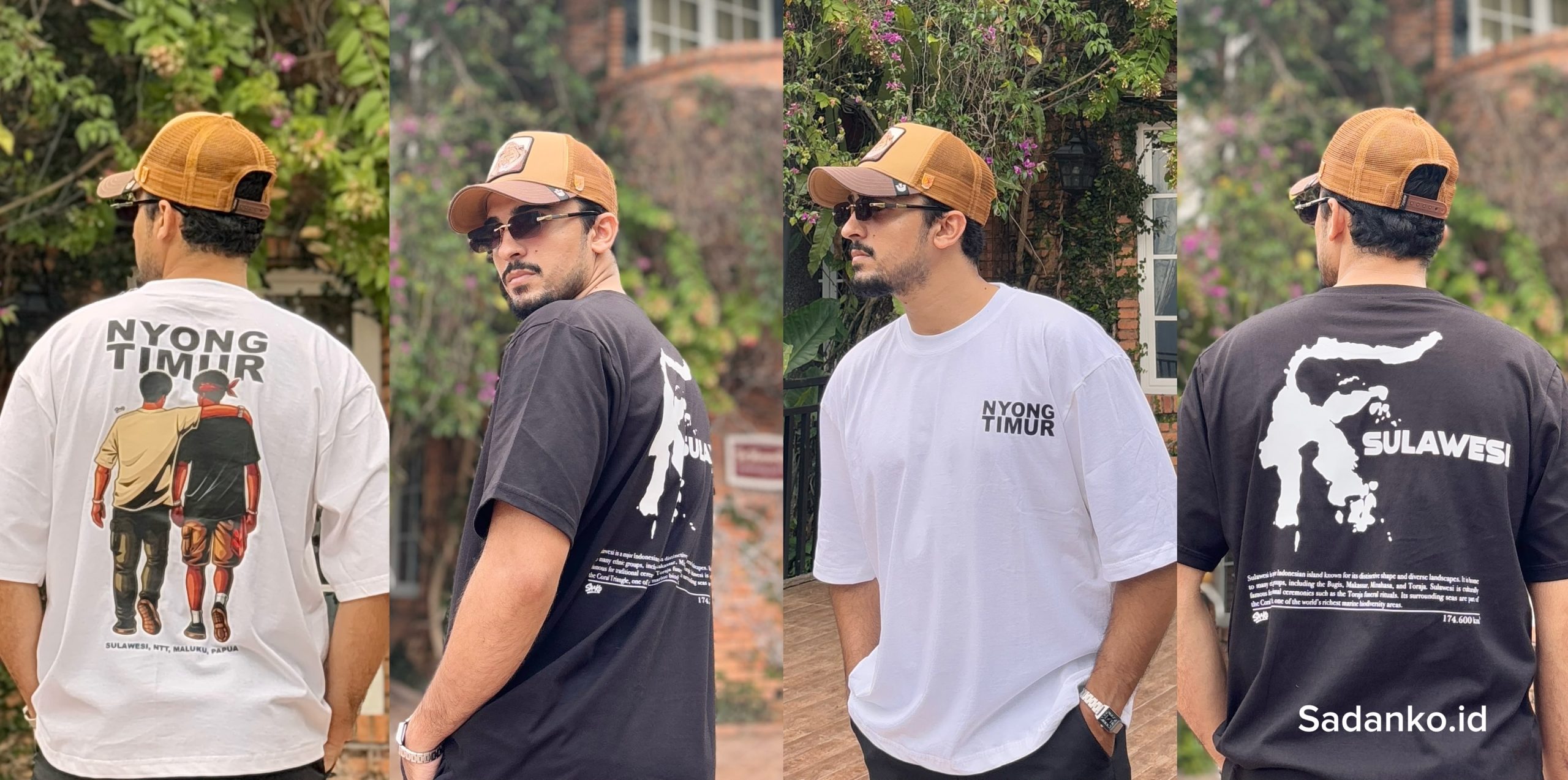 Model mengenakan koleksi kaos streetwear SA&KO seri Nyong Timur dan Sulawesi dengan artwork orisinal bertema Indonesia Timur.
